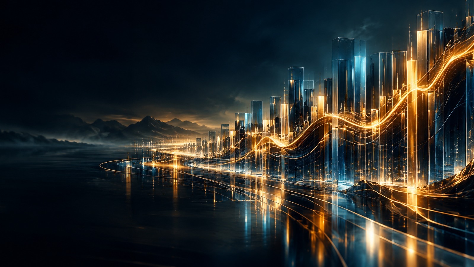 Cinematic blue and gold market skyline with luminous trading trajectories