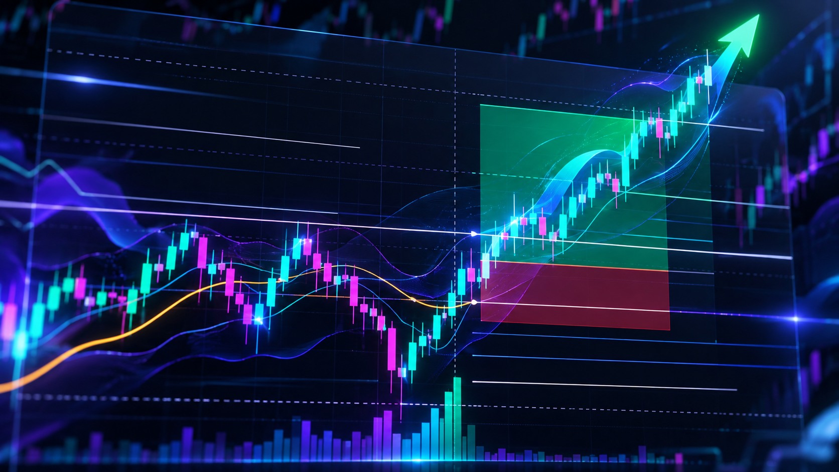 Vivid cyan and violet candlestick breakout with defined reward and risk zones